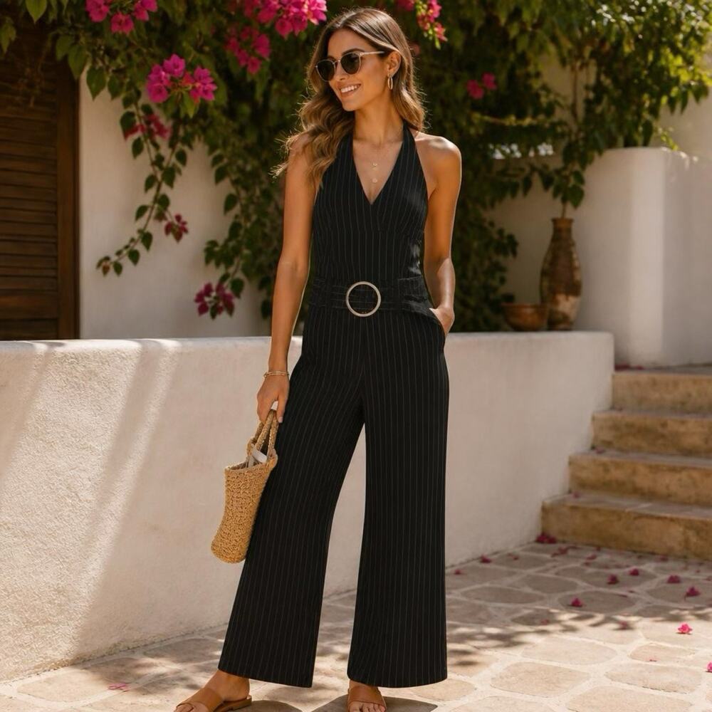 Y2K Wet Seal Halter Overalls Sleeveless FlareLeg Jumpsuit Stretch Belted Sz5 USA